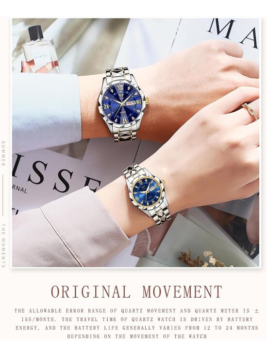 Men Women\'s Two tone band and Blue dial Watches Set Luxury Diamond for Couple main image 4